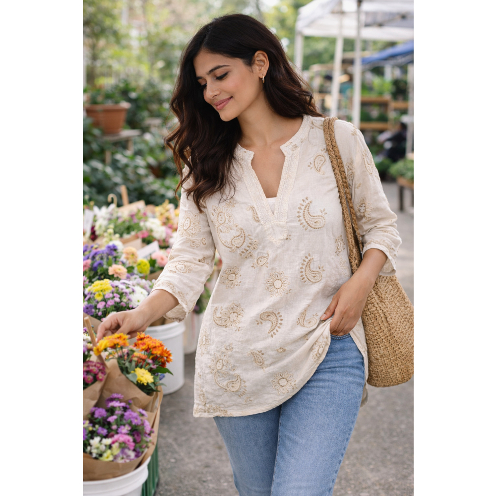Johnny Was Skyler Linen Embroidered Boho Blouse XS Ivory Paisley Top
